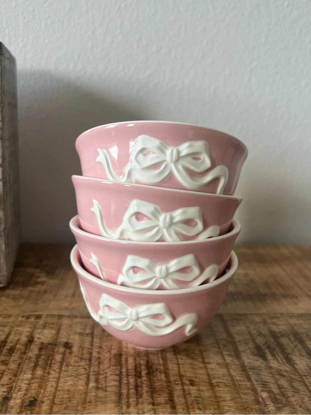 New 4pc Pink Bow Stoneware Small Bowl Set